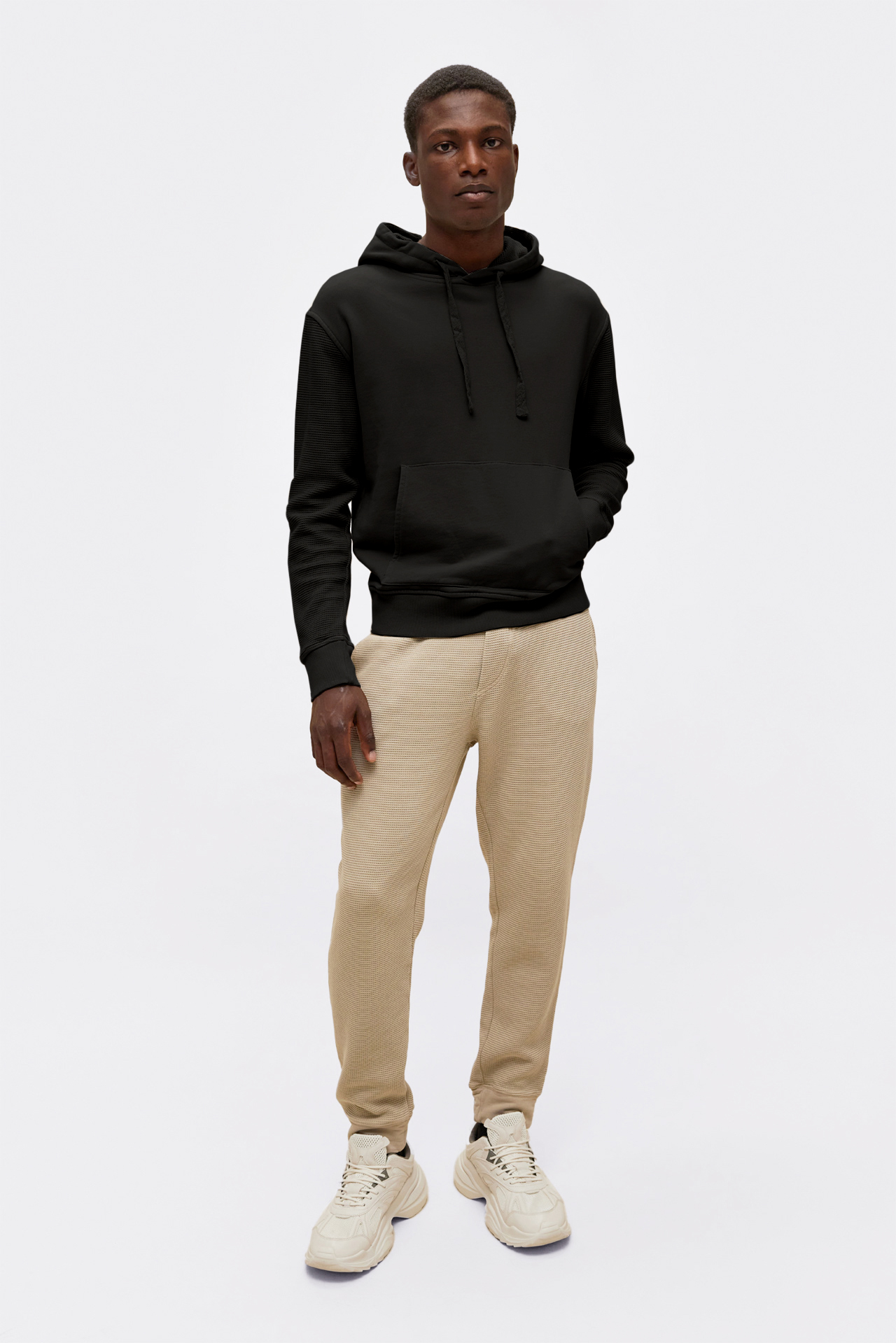 Waffle Mixed Fabric Hoodie