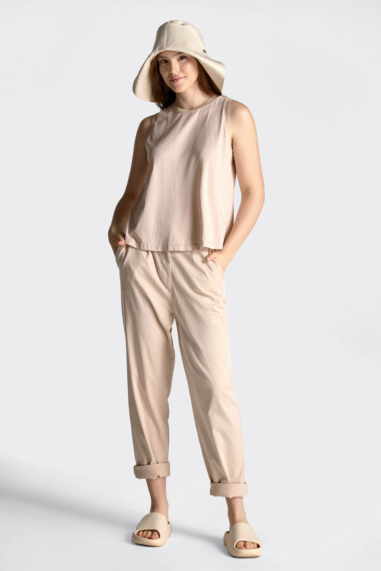 Beige linen high waisted pleated Dress Trousers