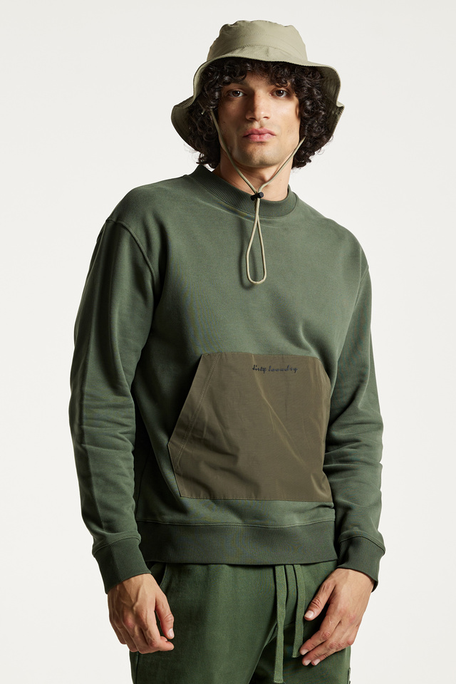 Mixed Fabric Kangaroo Pocket Crewneck Sweatshirt