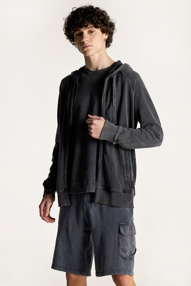 Long-sleeve Cotton Hooded Cardigan with Raglan Sleeves