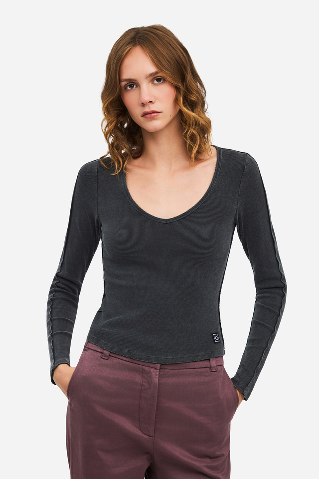 Ribbed Long Sleeve Top with Raw Edges